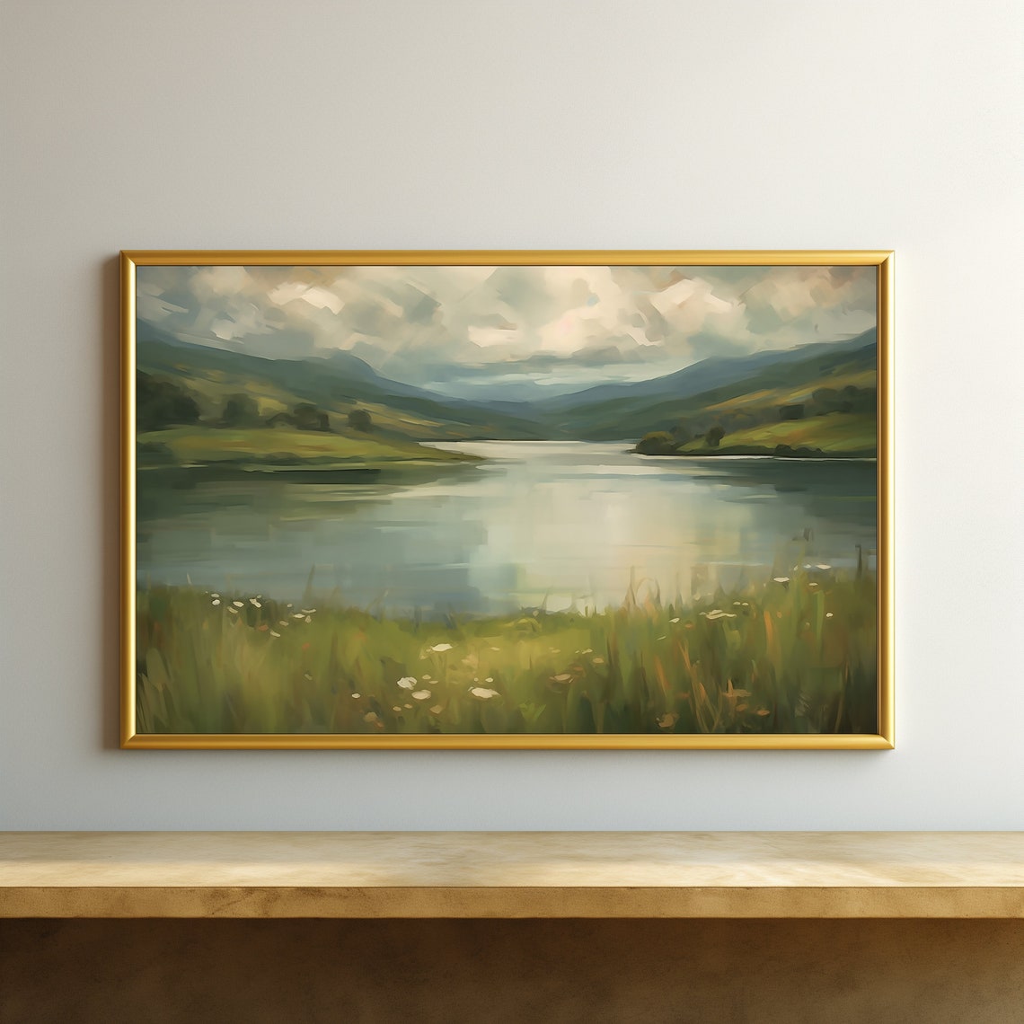 Misty Lake Rolling Green Hills Impressionist Valley Landscape Poster - Image 4