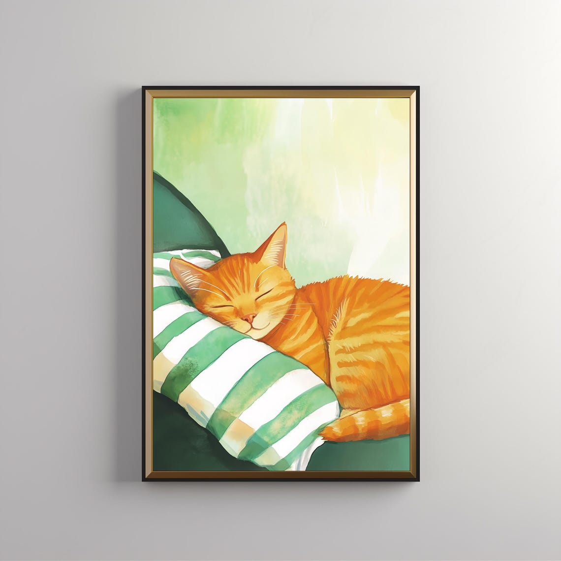 Orange Tabby Cat Sleeping On Striped Pillow Cute Pet Wall Art