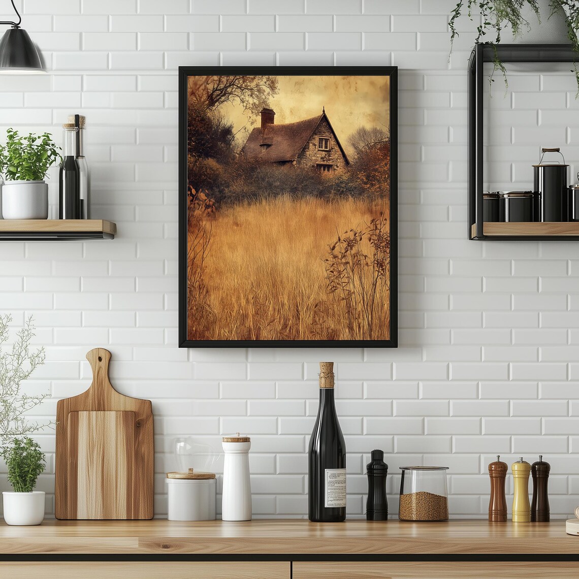 Stone Cottage Golden Autumn Meadow Moody Vintage Countryside Poster - Image 2