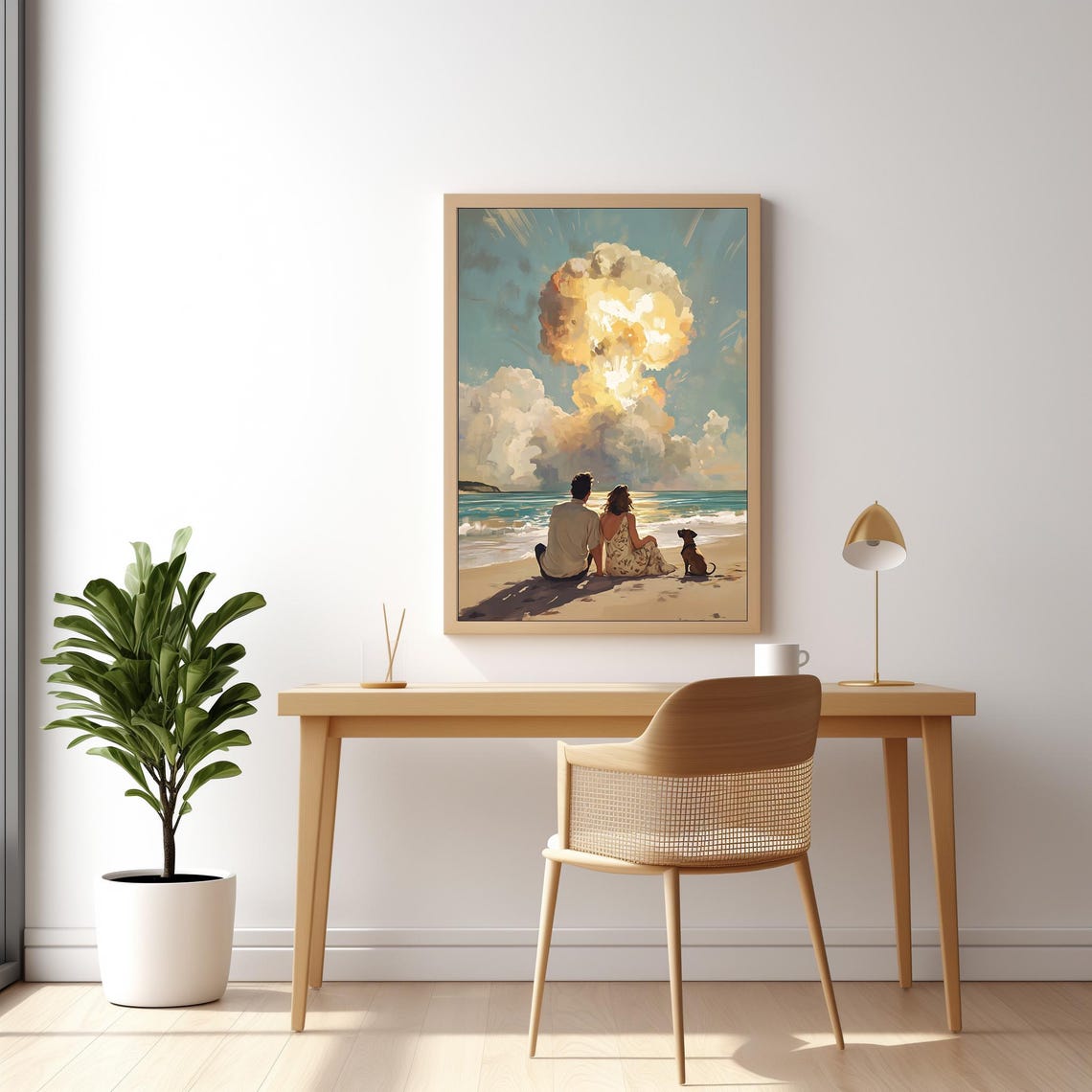 Surreal Couple On Beach Watching Mushroom Cloud Retro Art Poster - Image 2