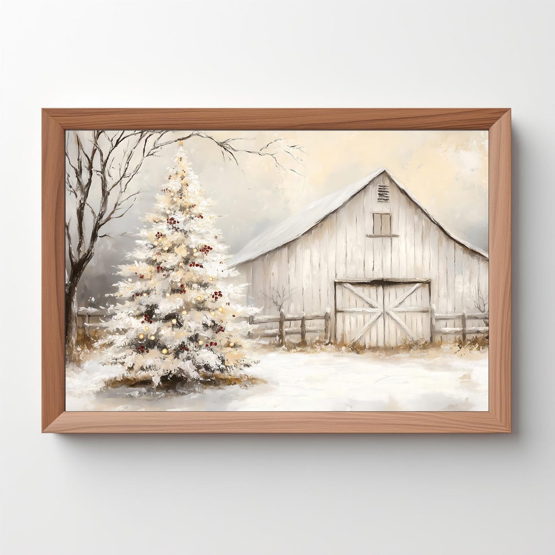 White Barn And Snowy Christmas Tree Rustic Winter Holiday Wall Art