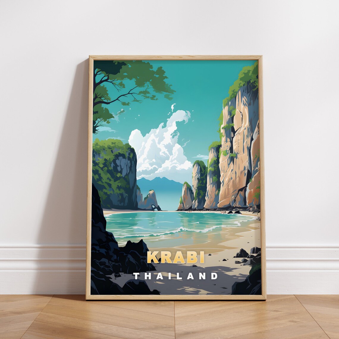 Krabi Thailand Hidden Lagoon Cliffs Beach Retro Travel Poster