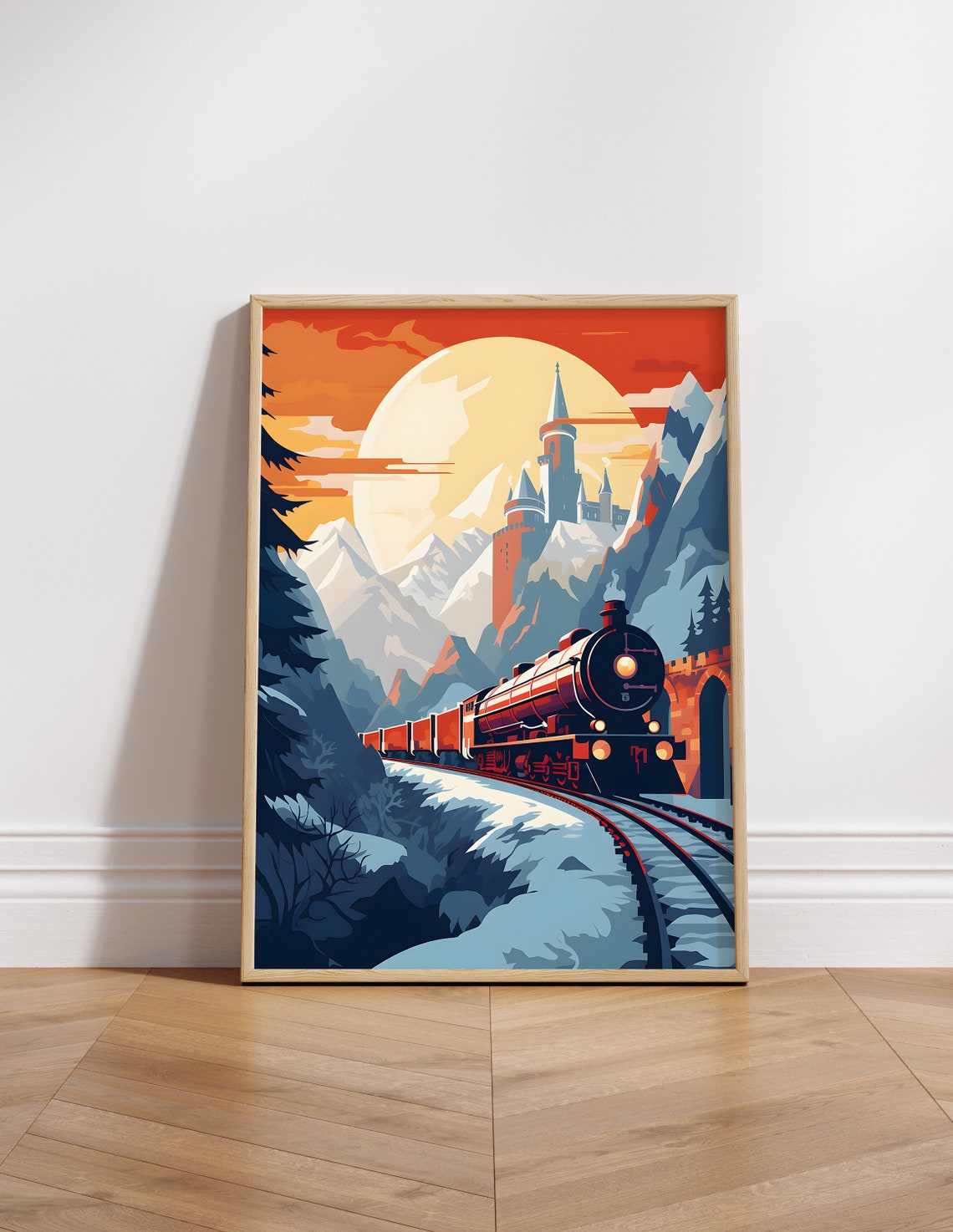 Magical Express Train Snowy Castle Sunset Fantasy Movie Poster