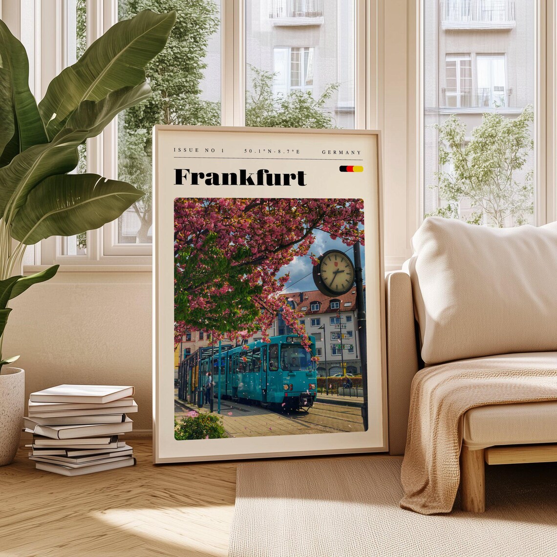 Frankfurt Germany Teal Tram Cherry Blossoms Photo Travel Poster