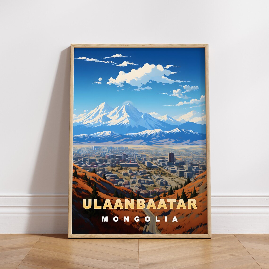 Ulaanbaatar Mongolia Snow Mountain City Panorama Vintage Poster