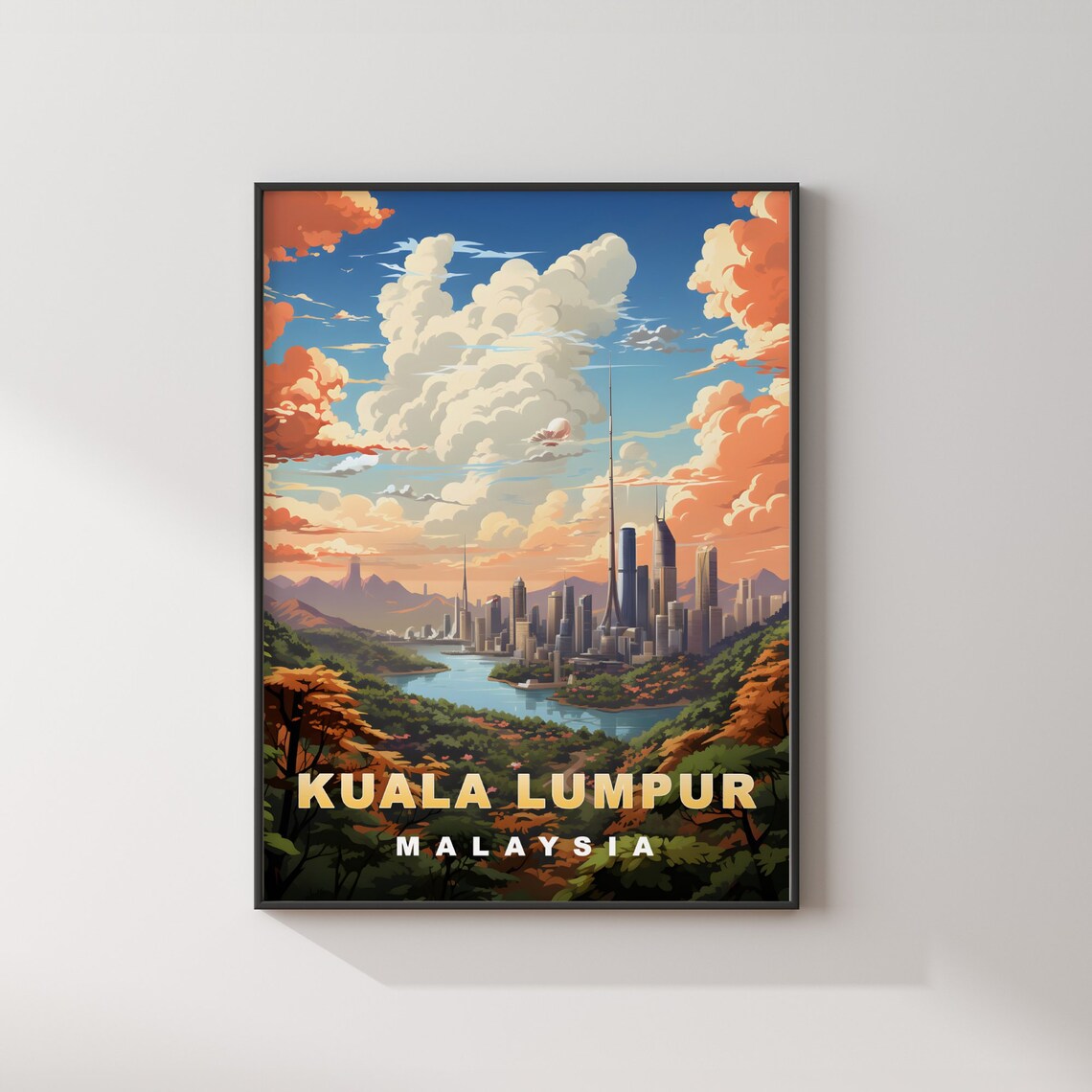 Kuala Lumpur Malaysia Sunset Lake Skyline Retro Travel Poster - Image 2