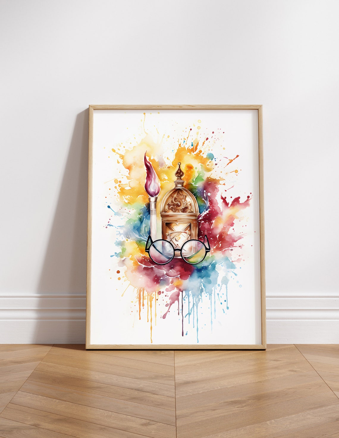 Wizard Watercolor Glasses Torch Lantern Colorful Splash Art Poster