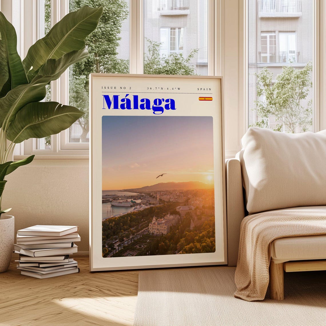 Málaga Sunset Bay Harbor View Spain Coast Vintage Travel Poster