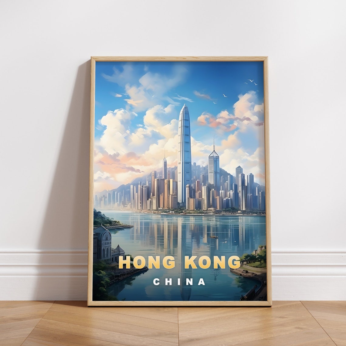 Hong Kong China Harbor Skyline Skyscraper Retro Travel Poster