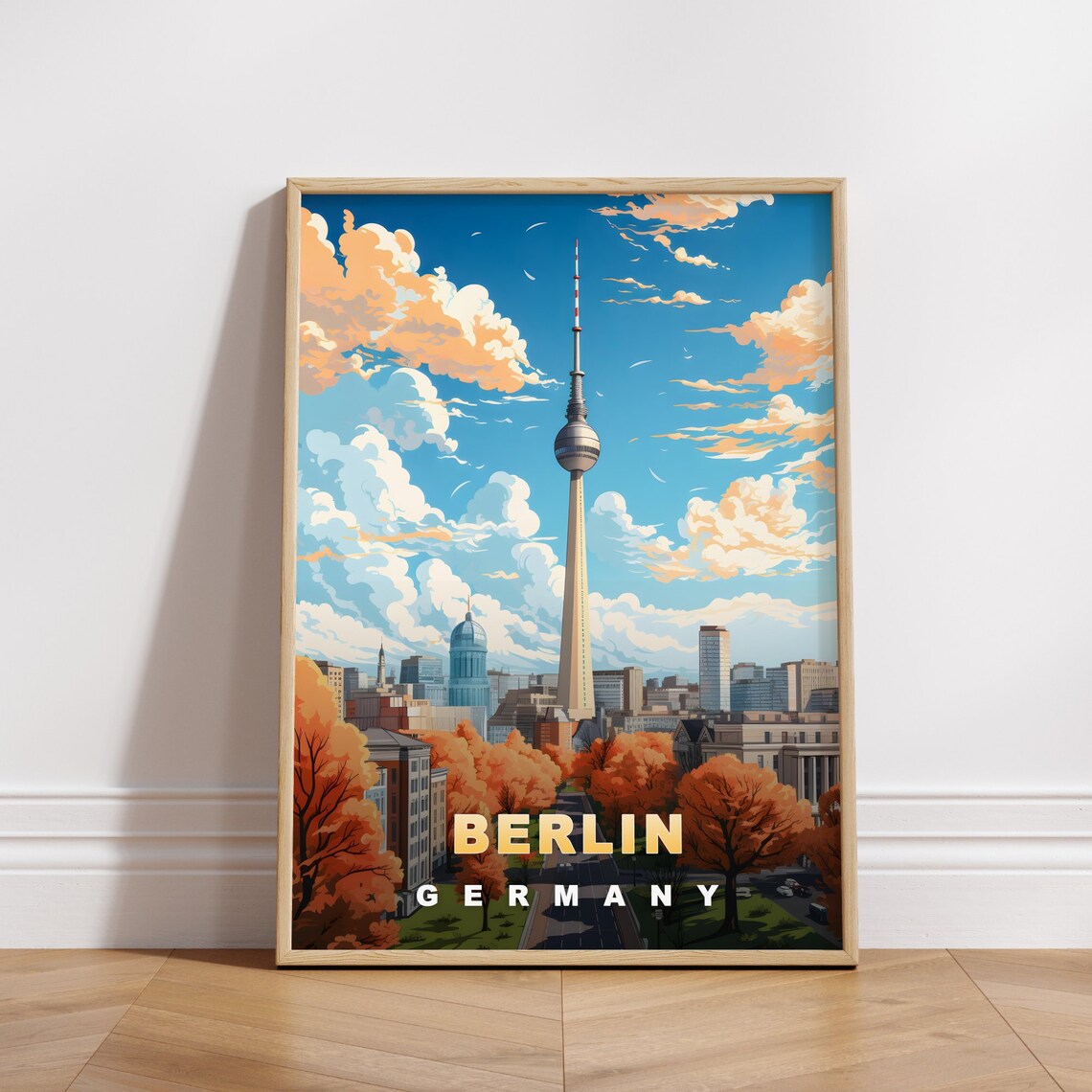 Berlin Germany TV Tower Autumn Skyline Blue Sky Vintage Travel Poster