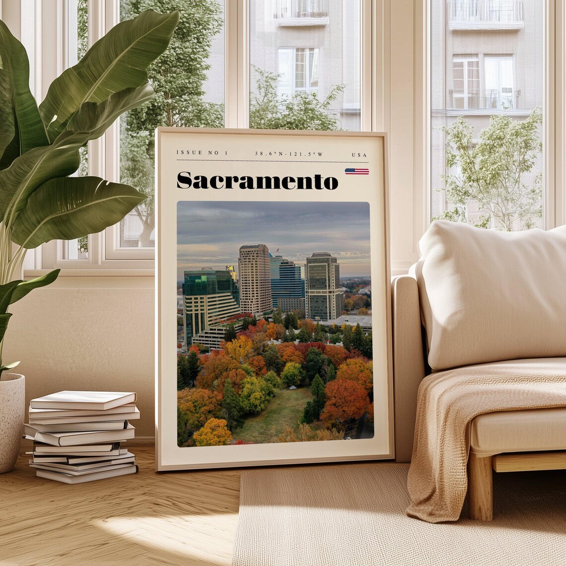 Sacramento USA Autumn Trees and Downtown Skyline Travel Poster