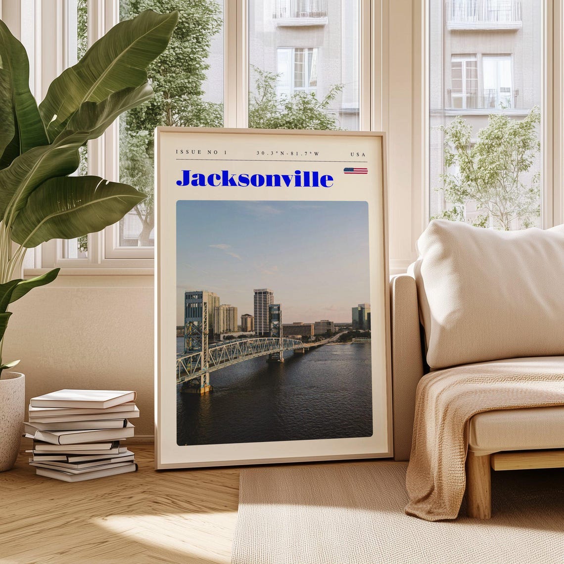 Jacksonville Blue Bridge River Skyline Florida USA Travel Poster