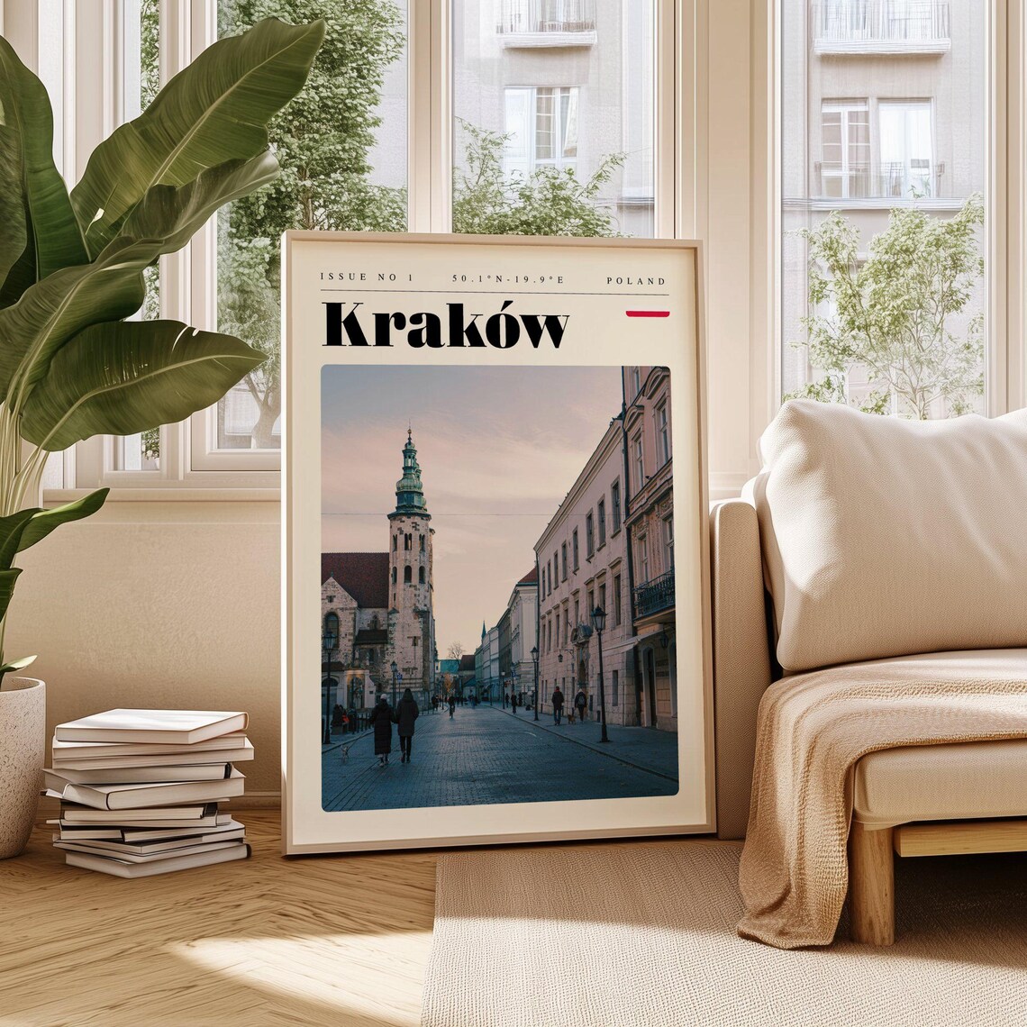 Krakow Poland Old Town Cobblestone Street Church Tower Travel Poster