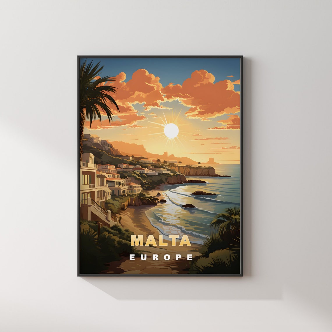 Malta Europe Retro Travel Poster Golden Sunset Beach Cliffs Scene - Image 2
