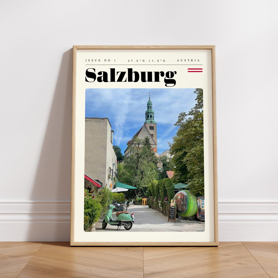 Salzburg Austria Old Street With Scooter And Church Tower Poster - Image 3