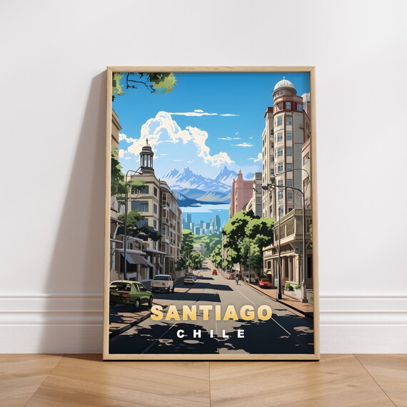 Santiago Chile Grand Avenue Snow Mountains City Travel Poster