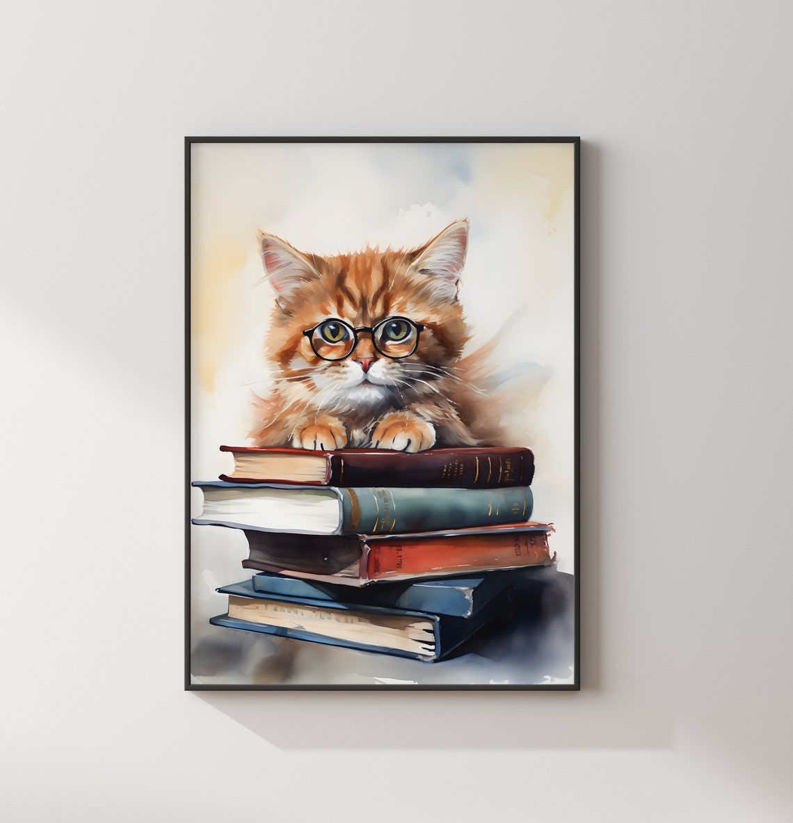 Cute Ginger Kitten With Glasses on Books Watercolor Cat Poster - Image 2