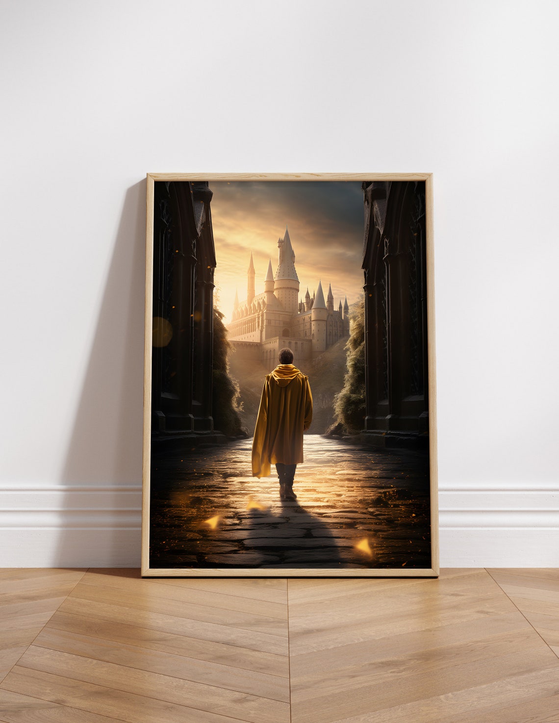 Loyal House Wizard in Gold Robe Walking to Castle at Dawn Poster