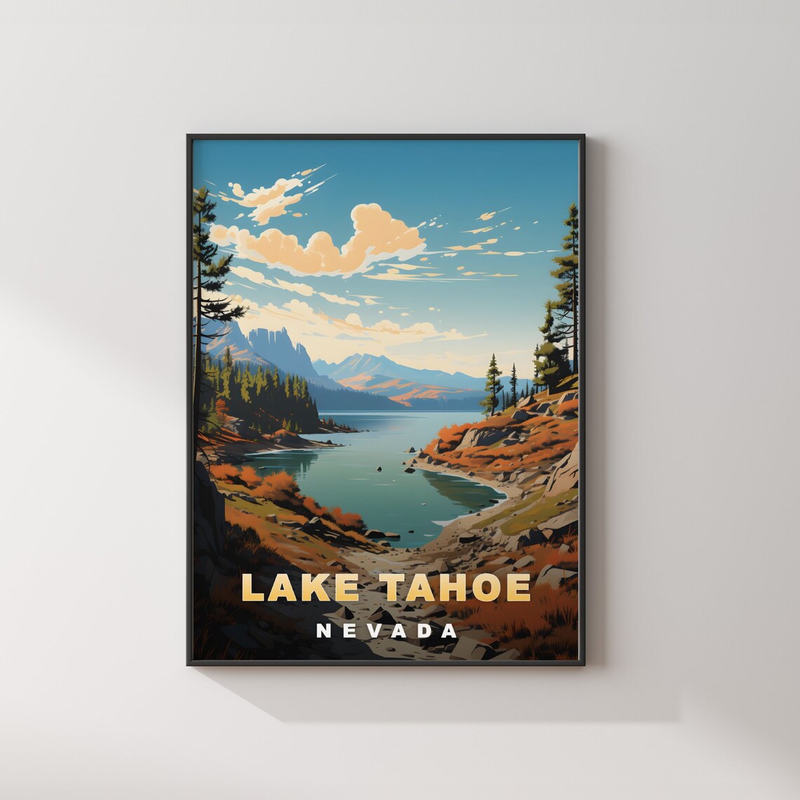 Lake Tahoe Nevada Rocky Autumn Shoreline Retro Travel Poster - Image 2