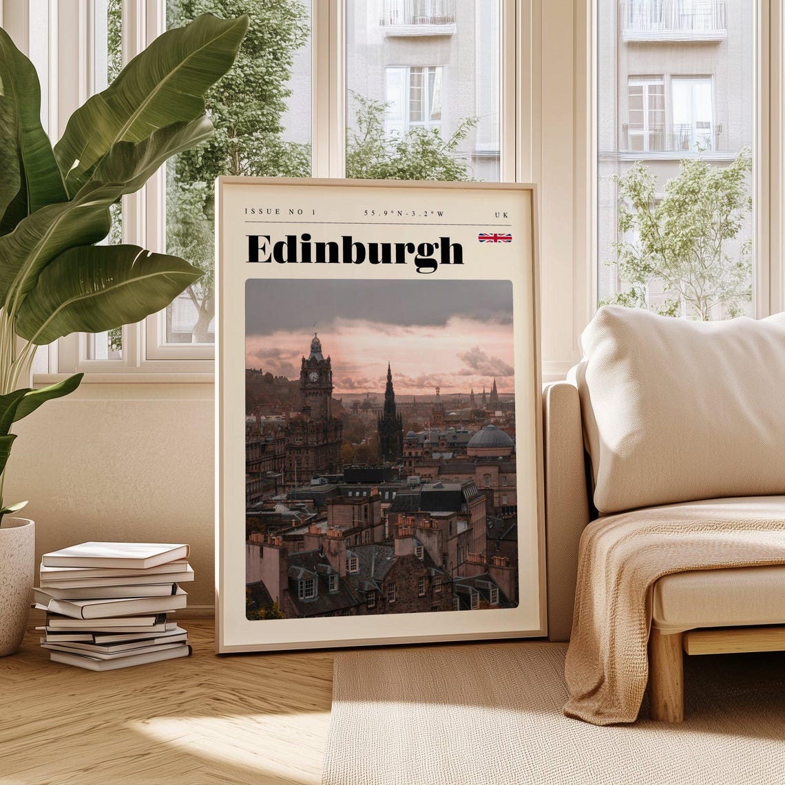 Edinburgh UK Historic Rooftops and Clock Tower Sunset Travel Poster