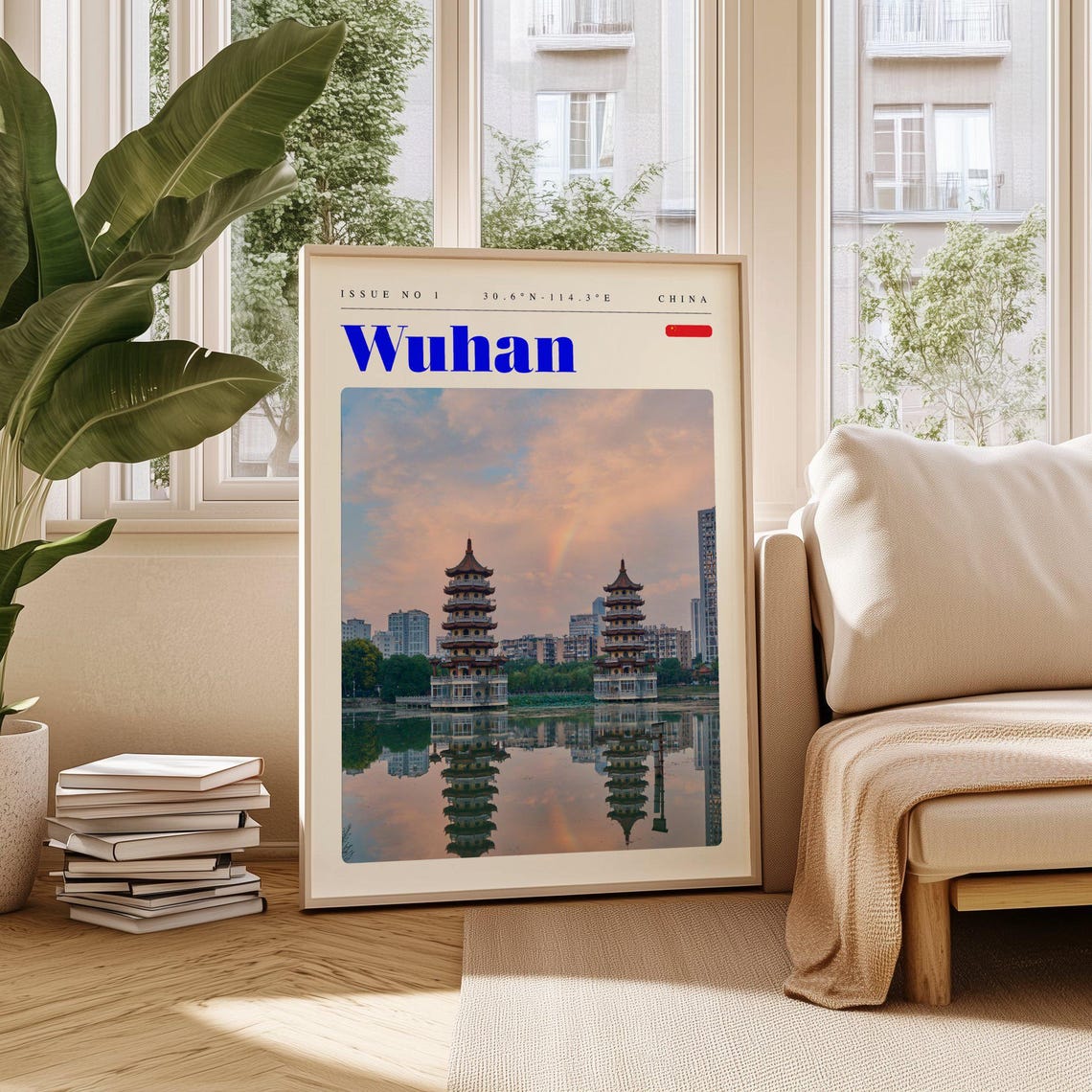 Wuhan China Twin Pagodas Lake Reflection Sunset Travel Poster