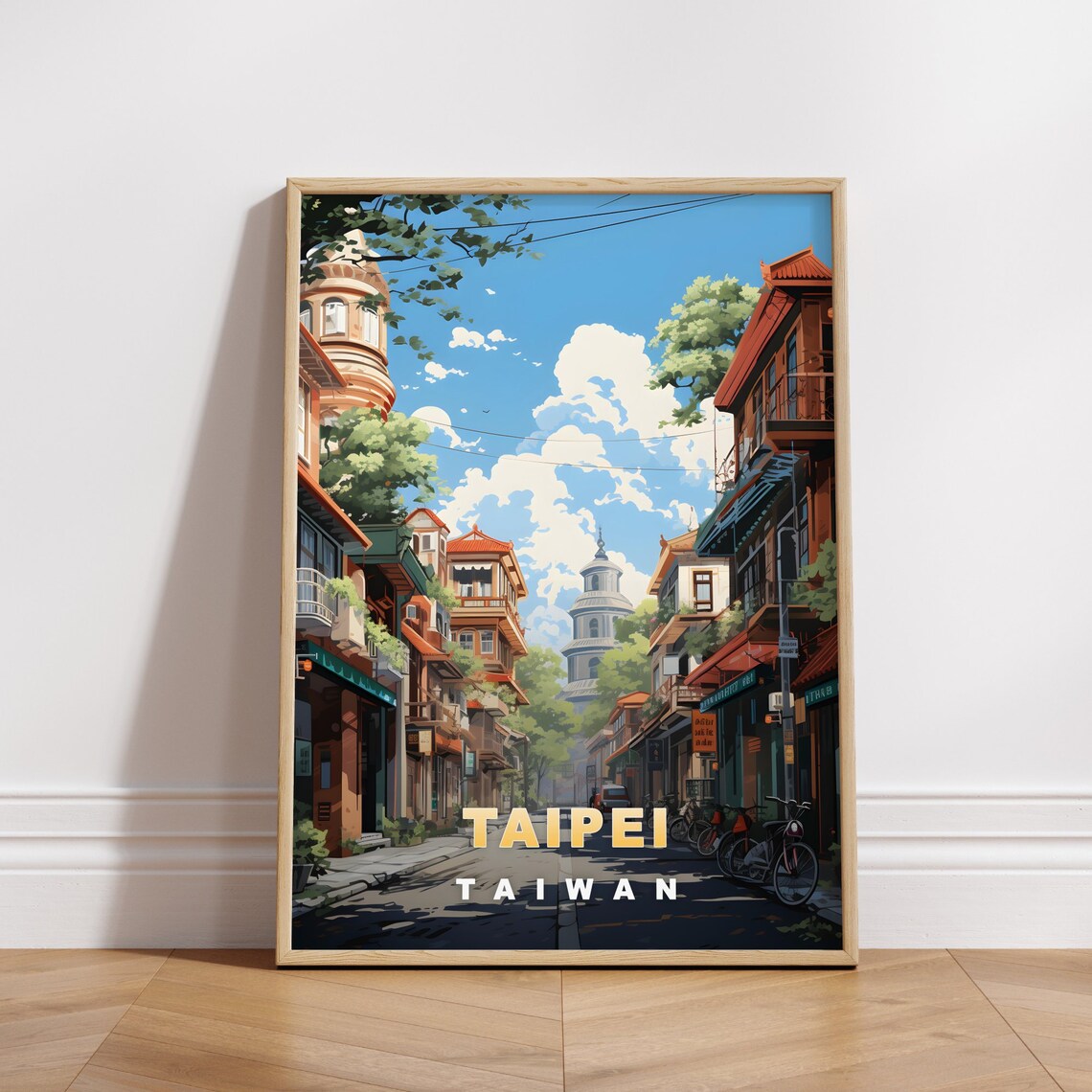 Taipei Taiwan Old Town Retro Street Shophouse Bikes Travel Poster