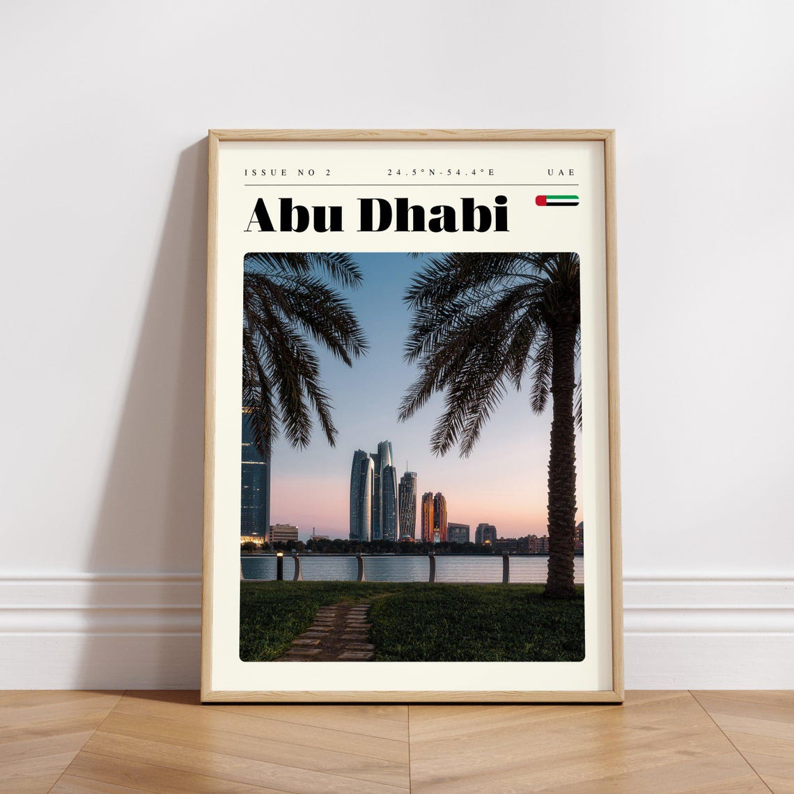 Abu Dhabi UAE Waterfront Skyline Palms Golden Hour Travel Poster - Image 3