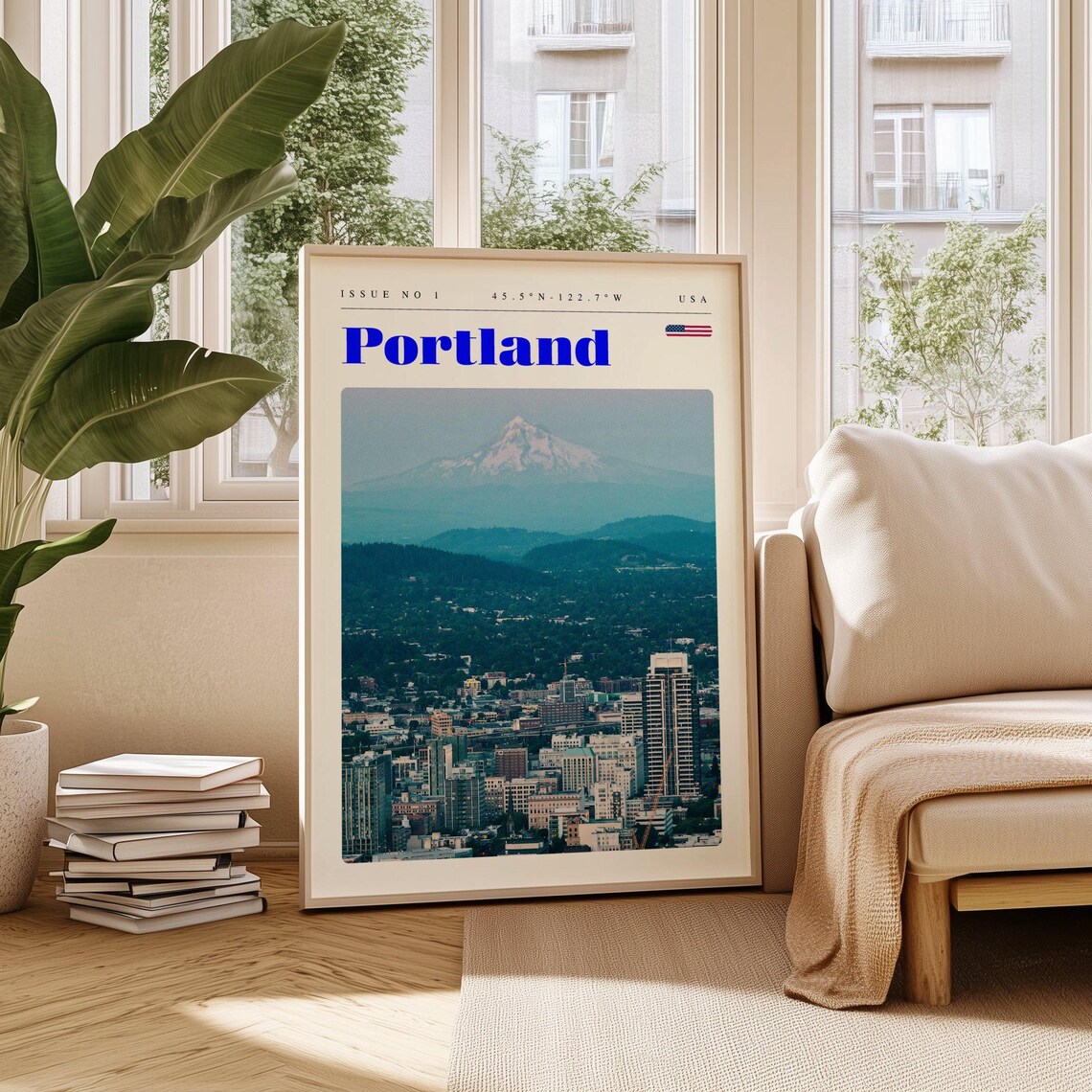 Portland USA Vintage Travel Poster Mount Hood City Skyline View