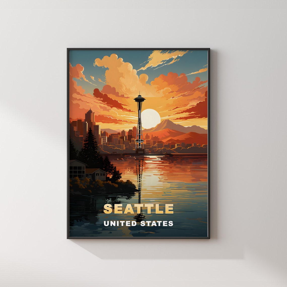 Seattle United States Space Needle Sunset Water View Travel Poster - Image 2
