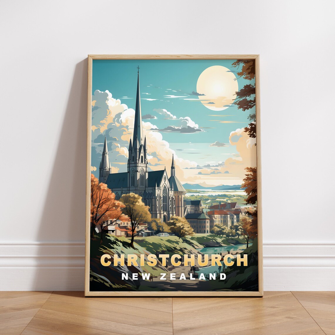 Christchurch New Zealand Cathedral Spire Retro Travel Poster