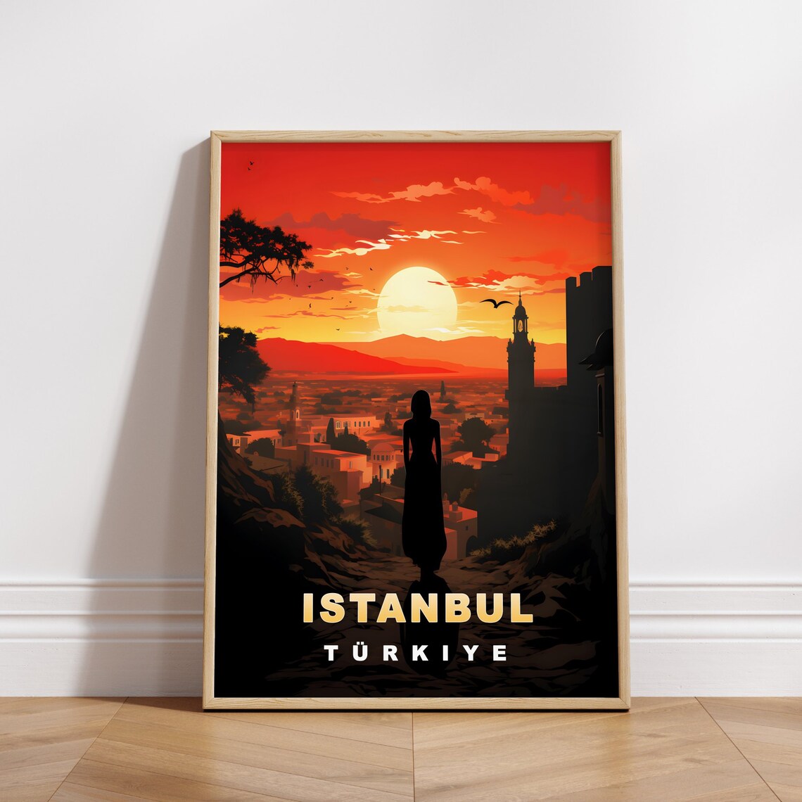 Istanbul Turkiye Fiery Sunset Silhouette Skyline Vintage Travel Poster