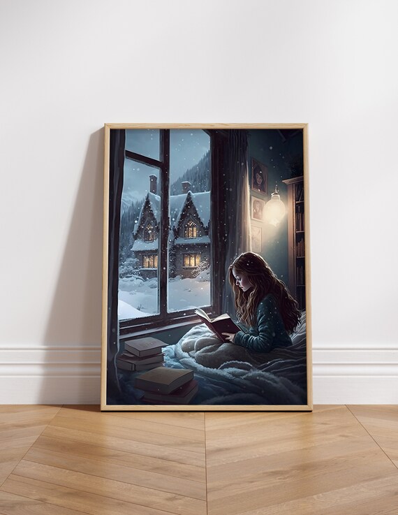 Hermione Granger Reading by Snowy Window Night Wizard Poster