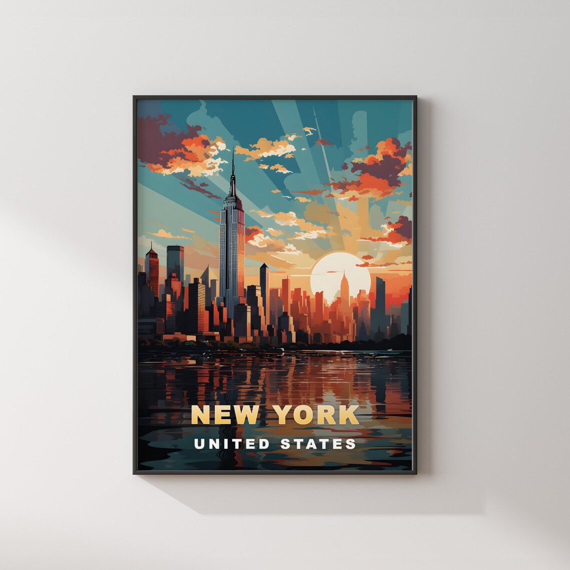 New York Skyline Empire State Sunset Over River Travel Poster - Image 2