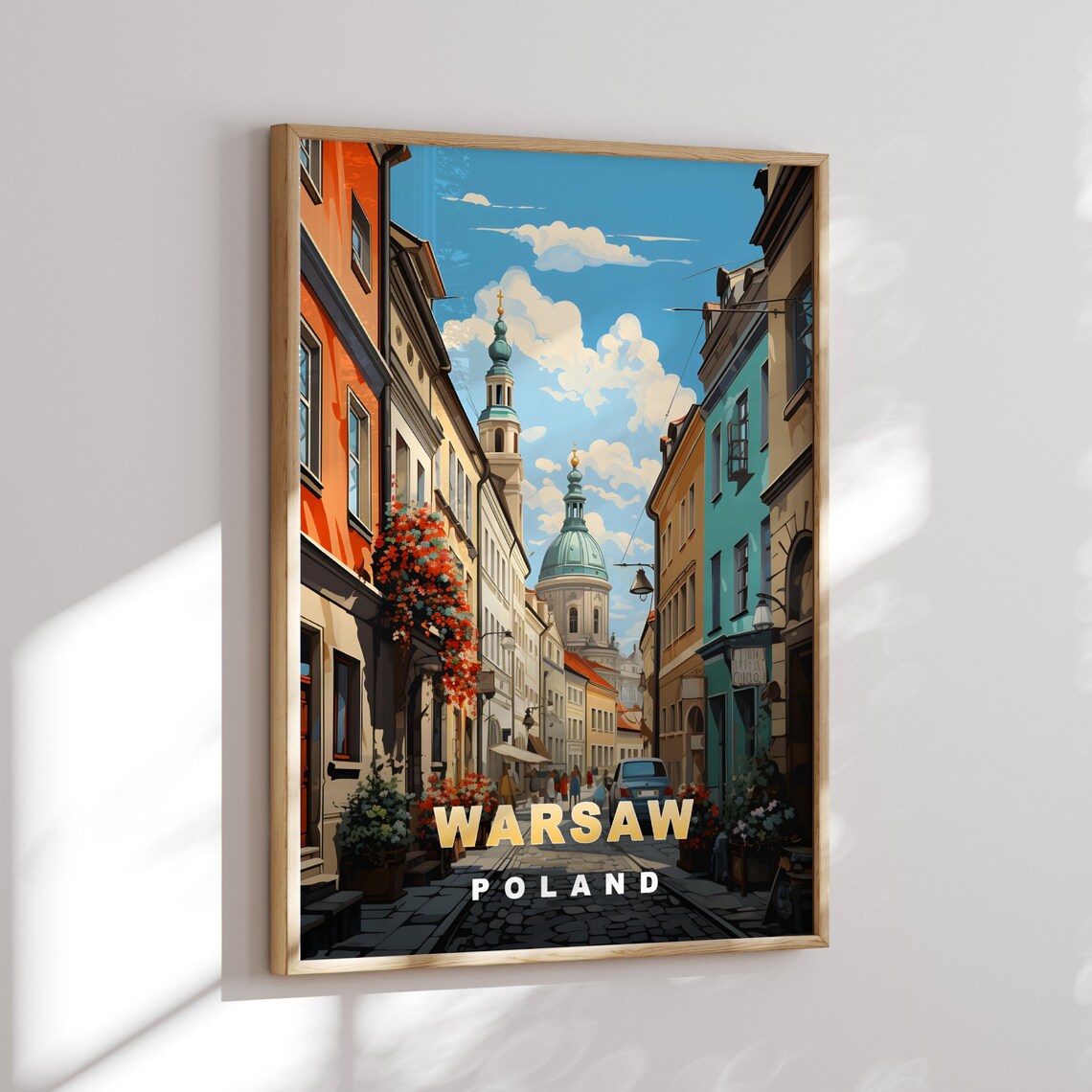 Warsaw Poland Old Town Cobblestone Street Church Vintage Poster - Image 2
