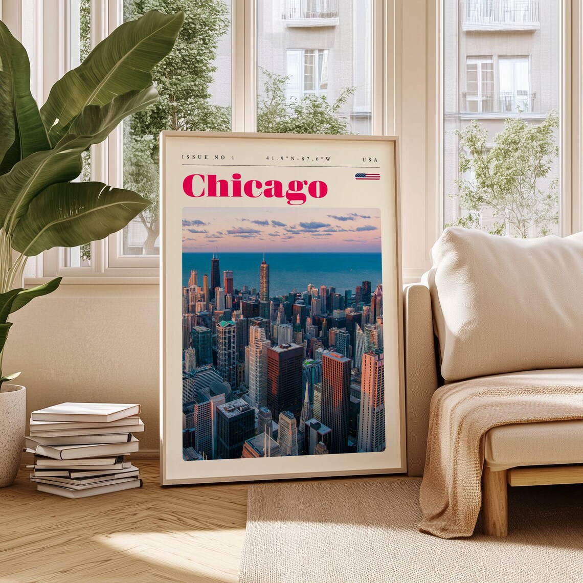 Chicago USA Lake Michigan Skyline Golden Sunset Aerial Poster