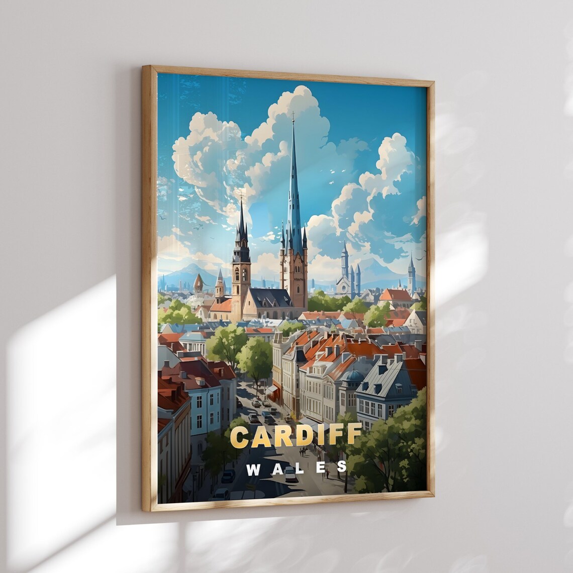 Cardiff Wales Historic Street Church Spires City Travel Poster - Image 2