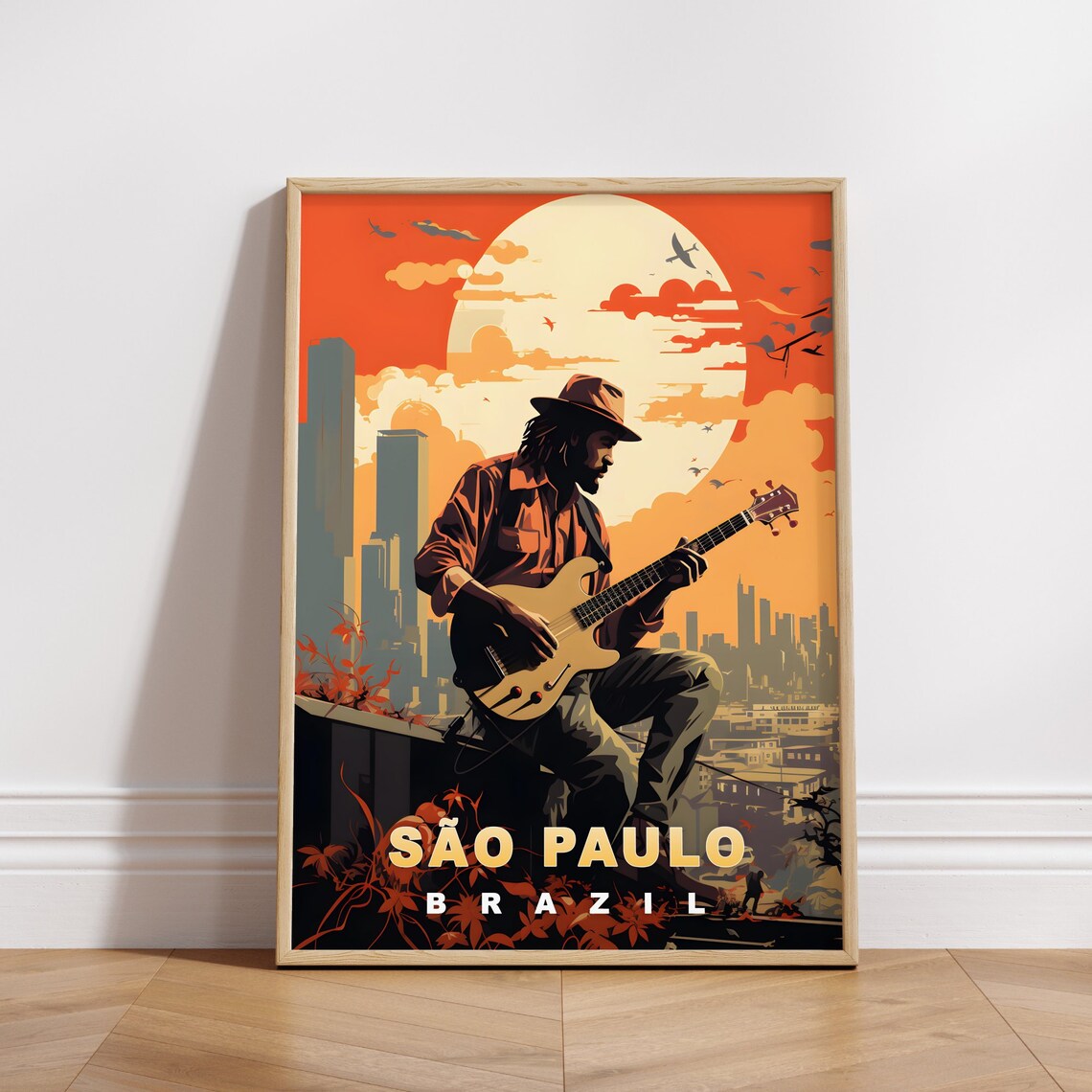 Sao Paulo Brazil Rooftop Guitar Player Big Sun Travel Poster