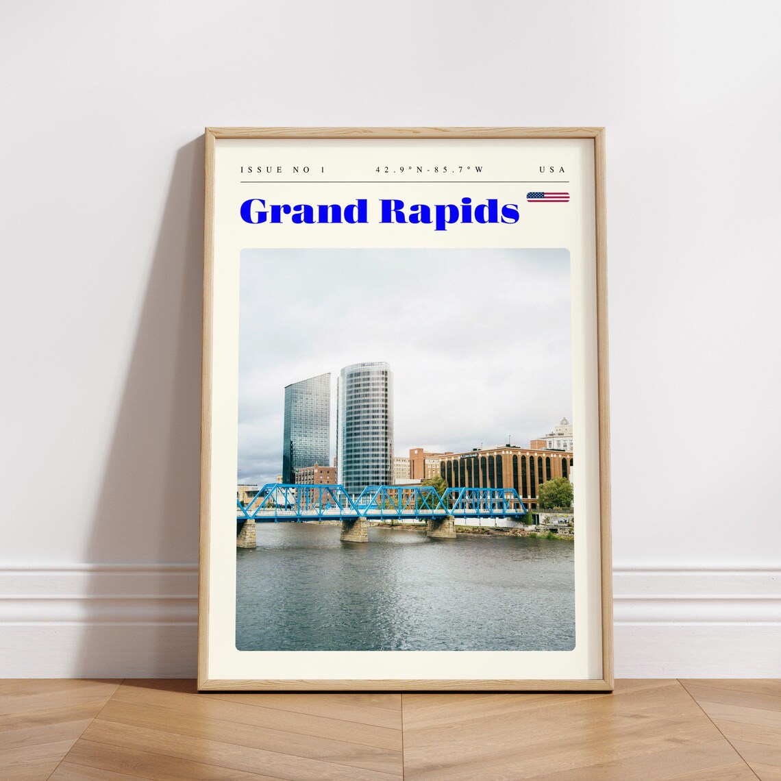 Grand Rapids USA Blue Bridge River Skyline City Travel Poster - Image 3