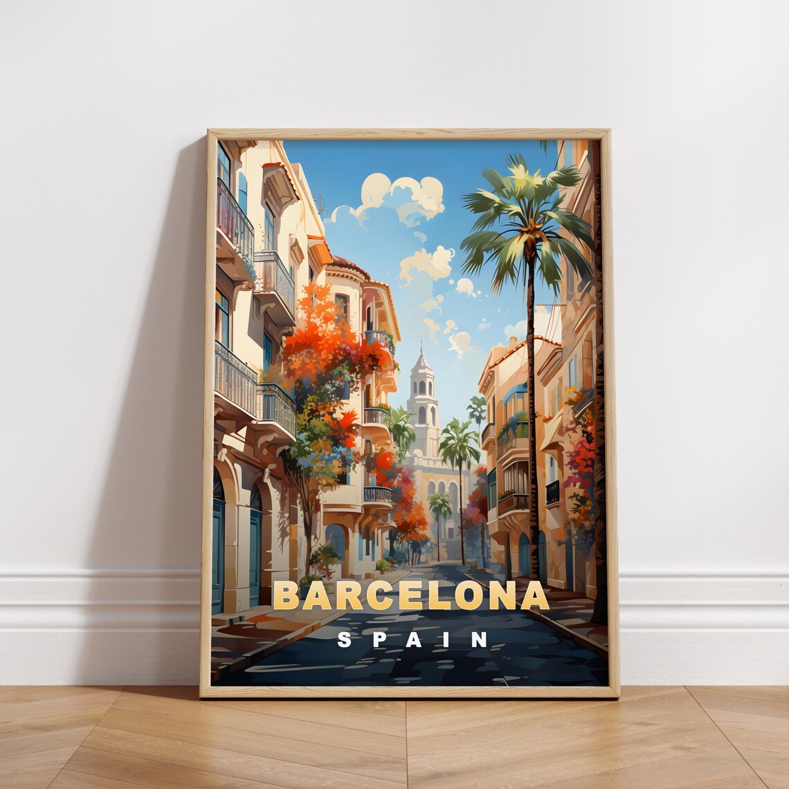 Barcelona Spain Palm Tree Street Church Tower Vintage Travel Poster