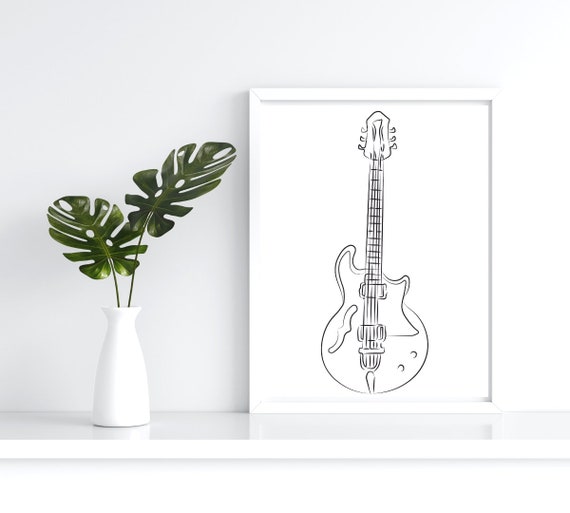 Black And White Minimalist Guitar Line Art Music Prints Outline Drawing Simple Sketch Stringed Instrument Artwork