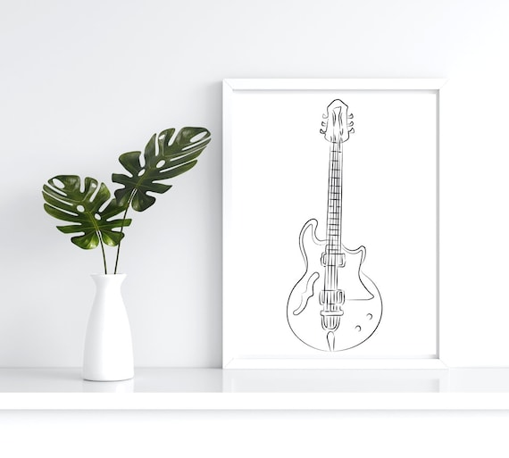 Electric Guitar Line Art Minimalist Black on White Musician Sketch Wall Art