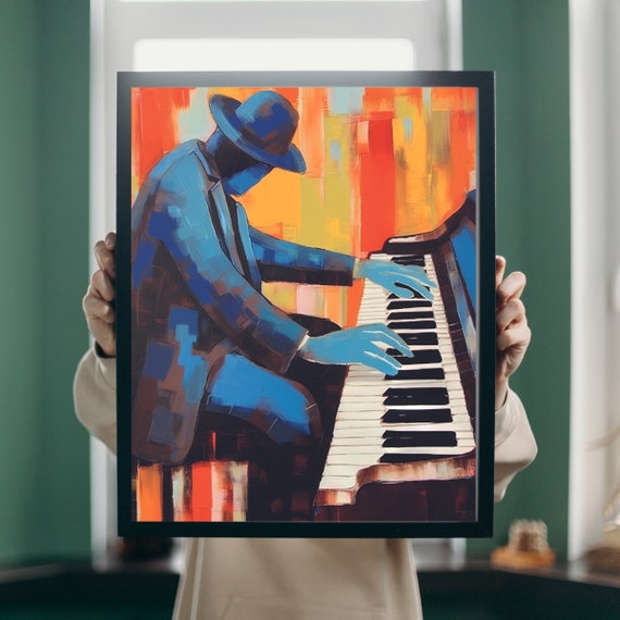 Man Playing Piano Painting Musical Instrument Home Decor Music Guitar