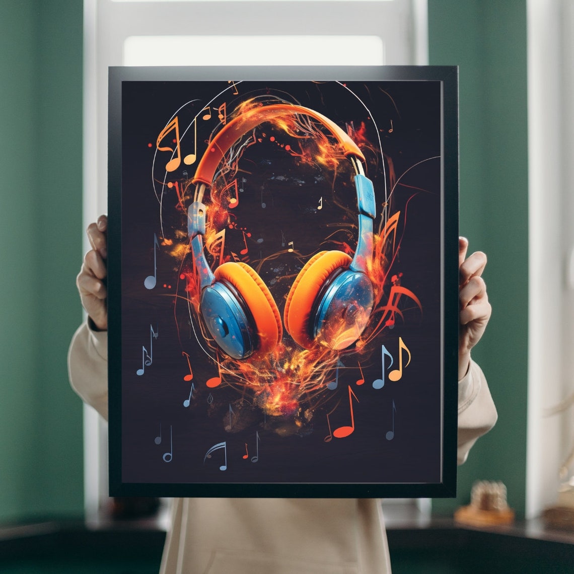 Fiery Headphones with Music Notes Pop Art Music Poster Decor