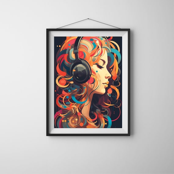 Woman Headphones Profile Swirling Colorful Music Notes Art Poster