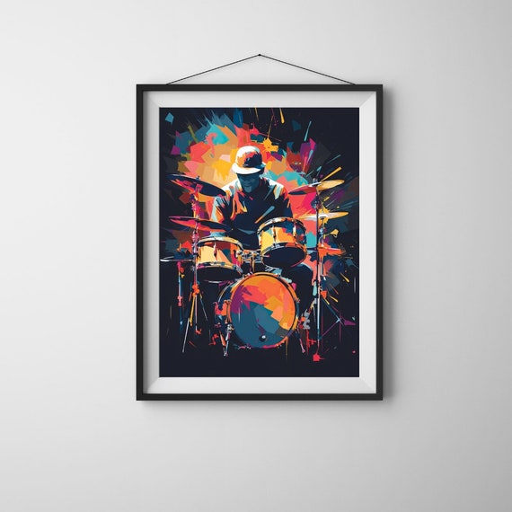 Colorful Man Playing Drums Abstract Wall Art Instrumental Artwork Decor Print Music Lover