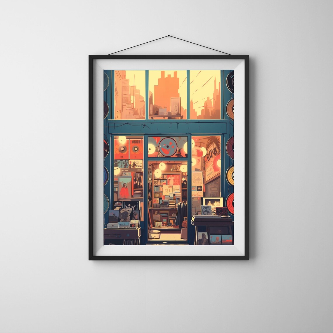 Vinyl Record Storefront At Sunset Cozy Music Shop Illustration Poster