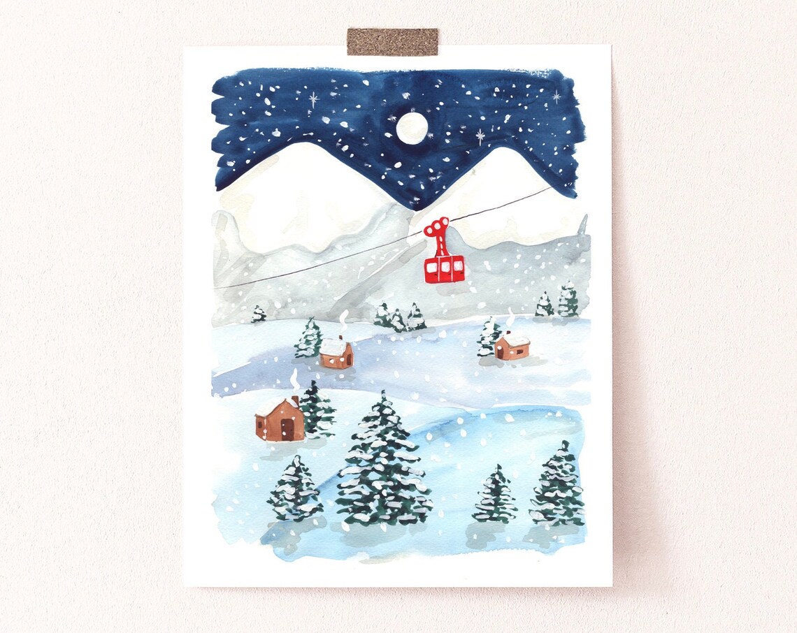 Winter Night Art Print, Ski Alps Holiday Decor