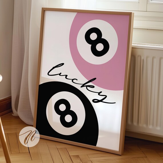 Lucky 8 Ball Print Retro Girl Poster Pink Vintage Pool Wall Art Y2k Apartment Decor Funky Eight Bar Cart