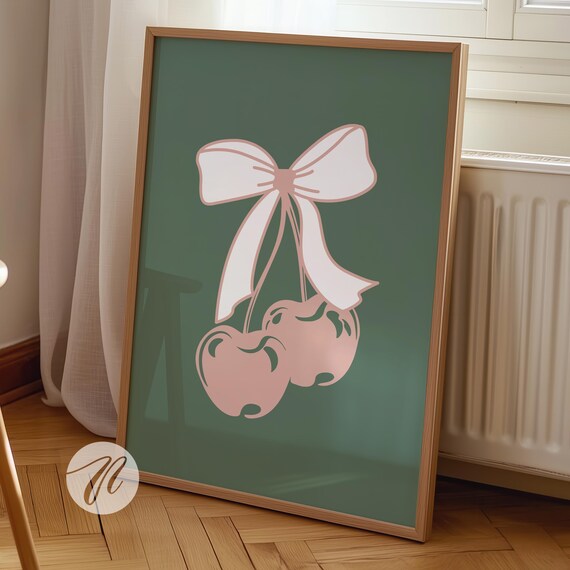 Pink Bow Cherries Illustration Coquette Preppy Dorm Room Decor Poster