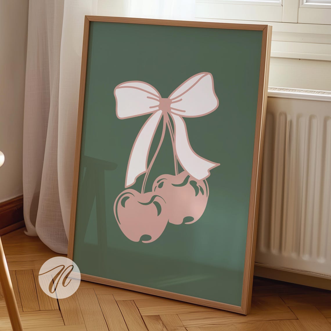 Pink Bow Cherries Illustration Coquette Preppy Dorm Room Decor Poster